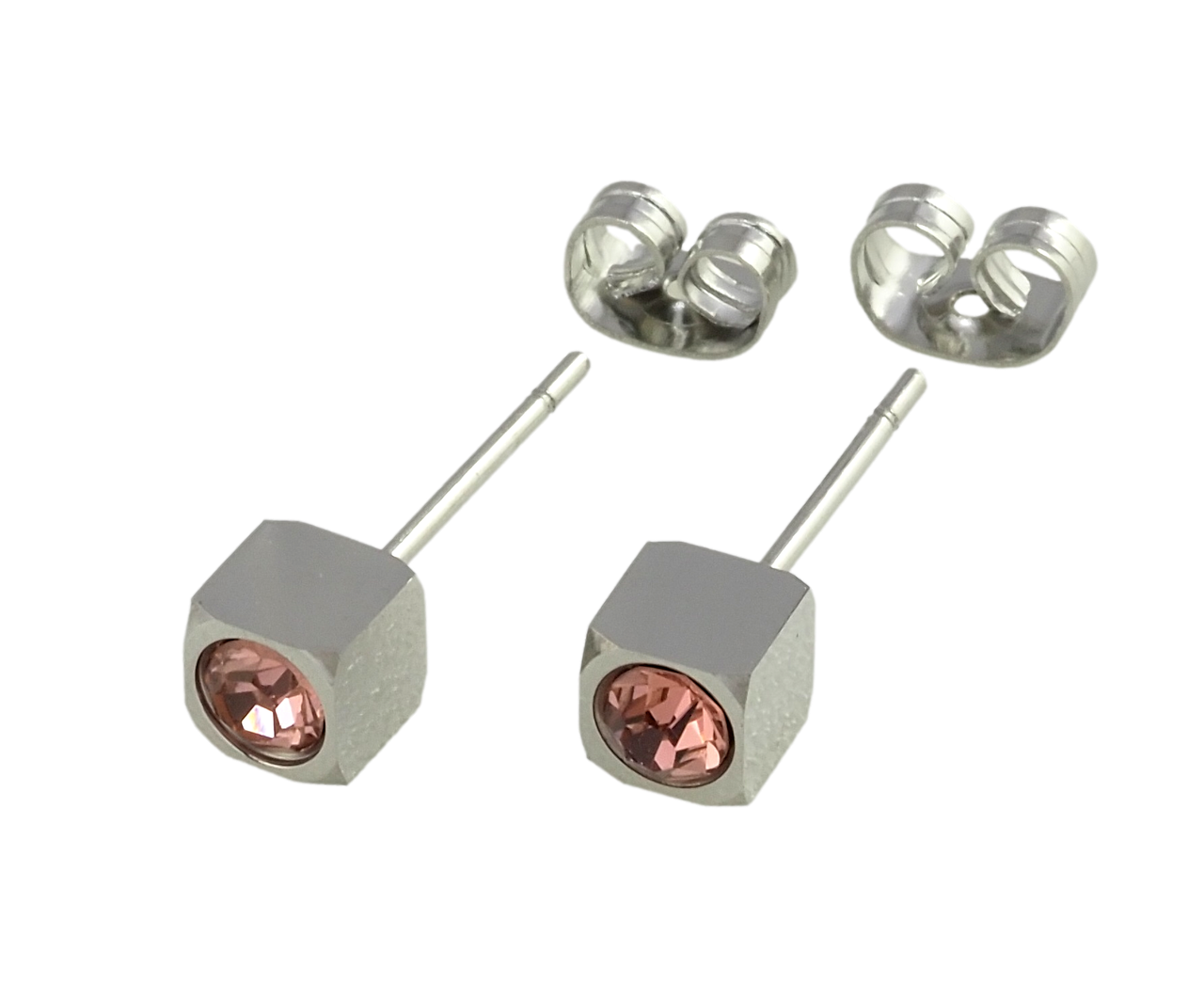 Сережки Xuping TTM Stainless Steel колір Родій пусети "Кубики з рожевими фіанітами 5х5мм