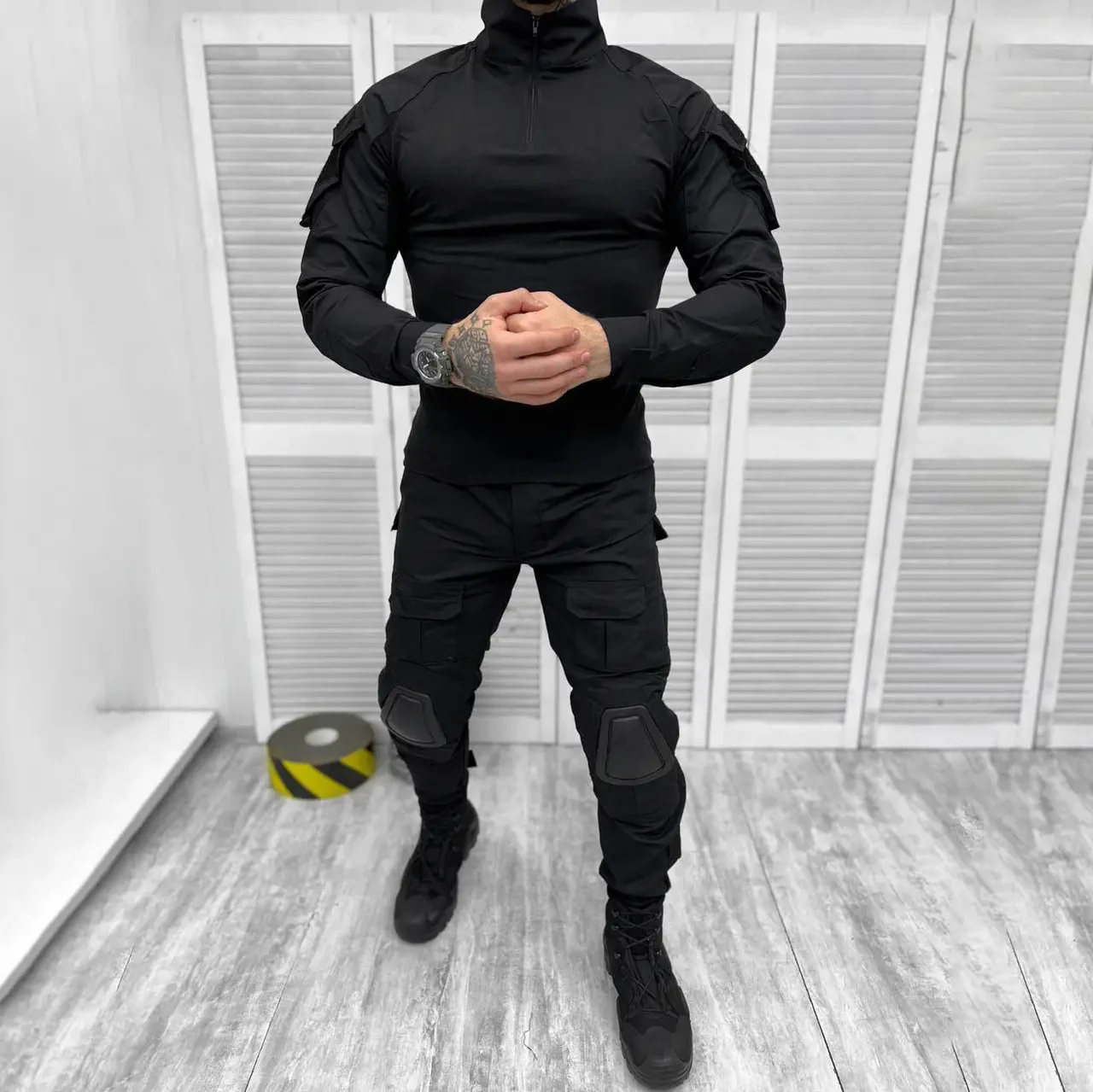 Чоловічий міцний Костюм SWAT Убакс + Штани з Налокітниками та Наколінниками / Польова Форма ріп-стоп чорна
