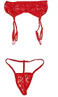 Мереживний прозорий пояс для панчох червоного кольору в комплекті трусики