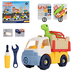 Дитяча машинка-конструктор 368 на шурупах, спецтехніка з ключем та викруткою Вантажівка з зеленим динозавриком