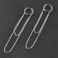 Сережки довгі застібка кільця ланцюжка подвійні сріблясті кільця з кристалами по колу довжина 70 мм 925 S