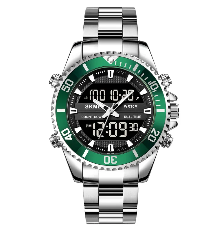 Годинник чоловічий Skmei 1850 сріблястий із зеленим на сталевому браслеті