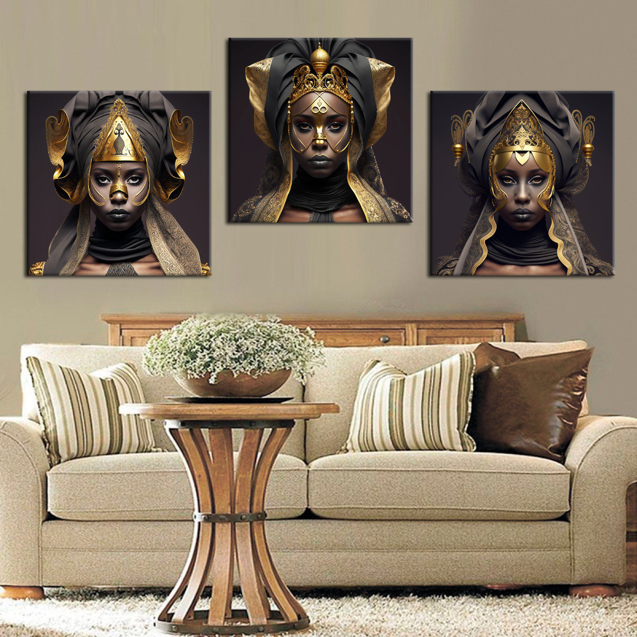 Картина квадратна для офісу кафе ресторану Чорно-золота африканська жінка, фото 1