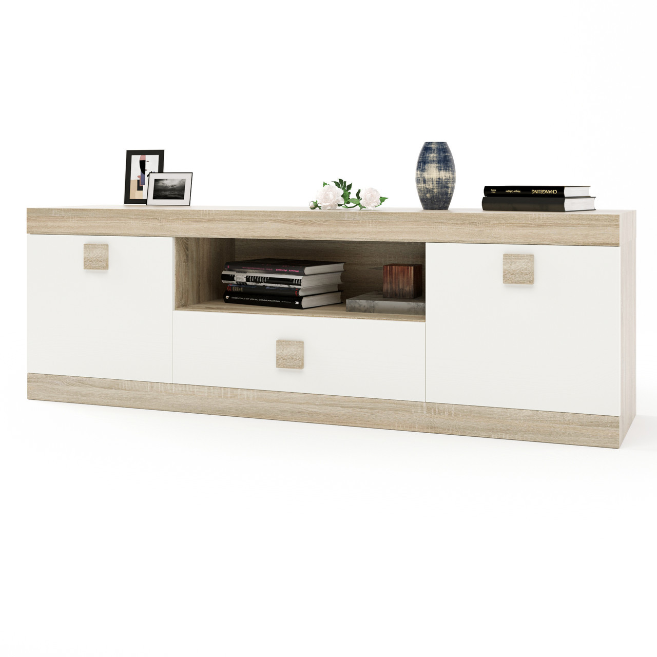 Довга тумба під телевізор із нішею в зал Еверест ТВ 1500 Соната дуб сонома + білий, фото 1
