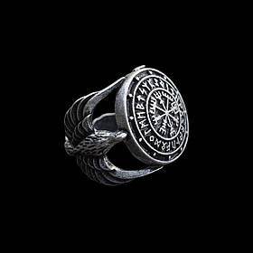 Кільце печатка перстень чоловіче сталеве ШОЛОМ ЖАХУ з медичної неіржавкої сталі з Рунами та птахами