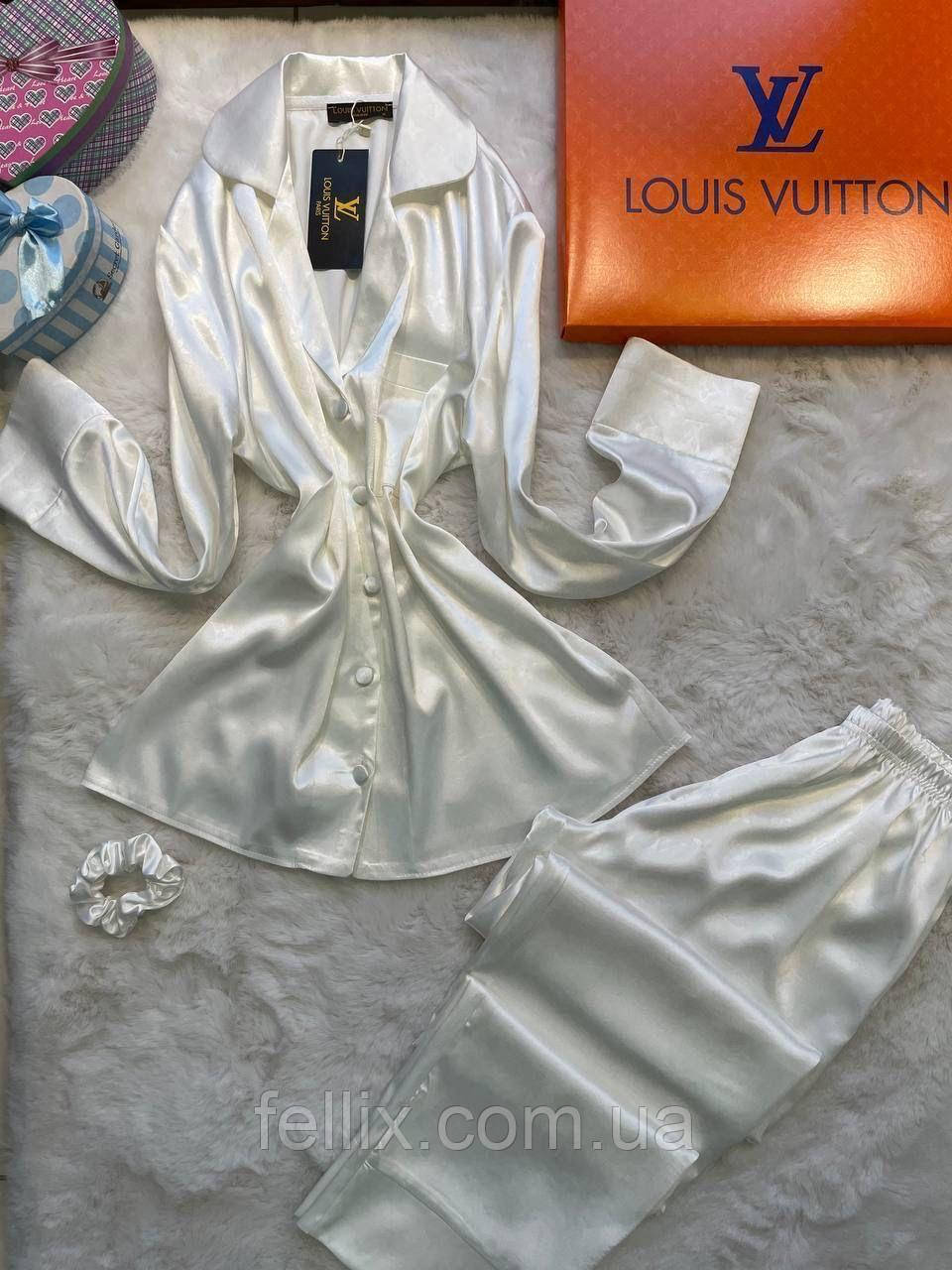 Жіночий костюм сорочка та штани сатинова жіноча піжама біла Louis Vuitton Fellix