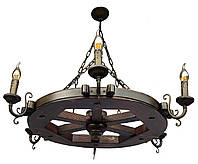 Люстра деревянная колесо (6 свечей) в беседку, альтанку, сауну, дом - ковка под старину, 85 см