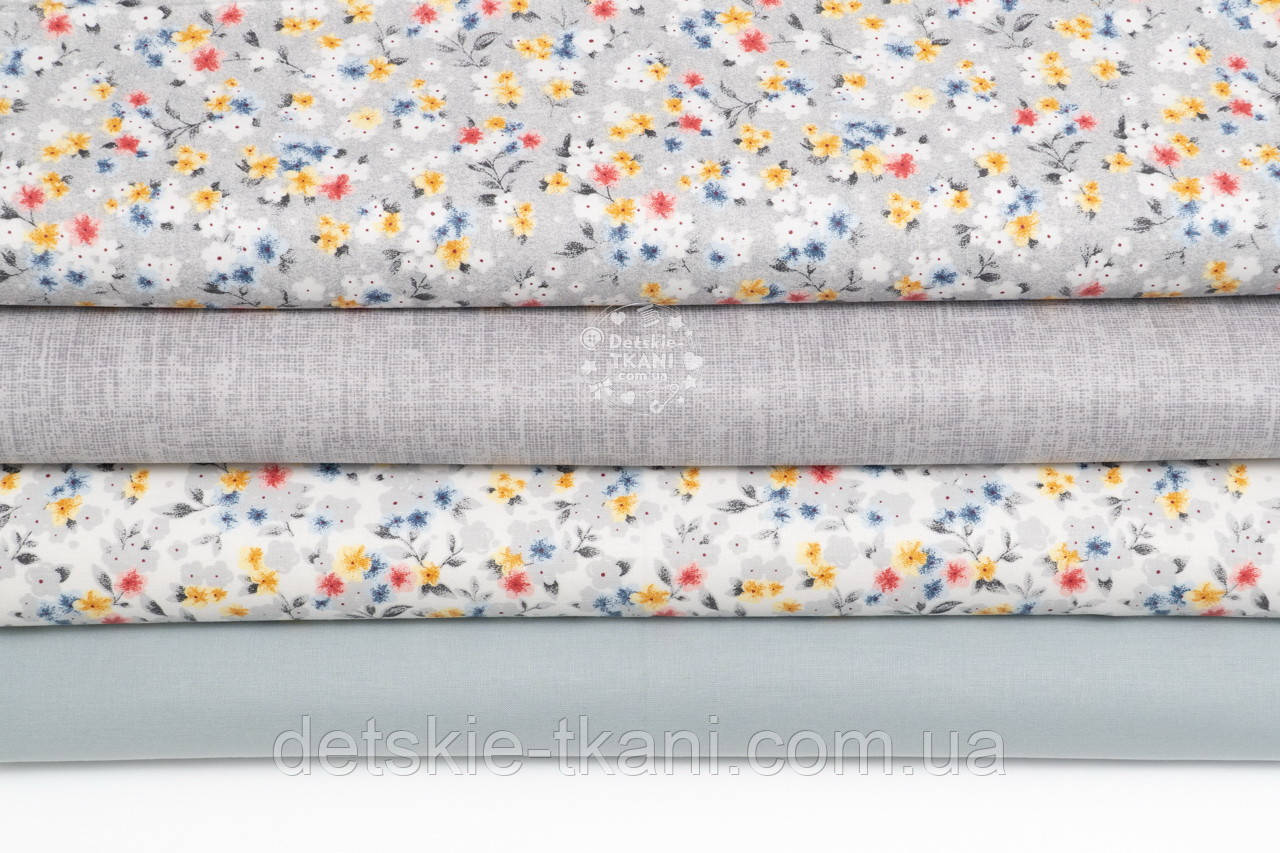 Набір тканин 40*40 см із 4 штук "Польові квіти та рогожка", фото 1