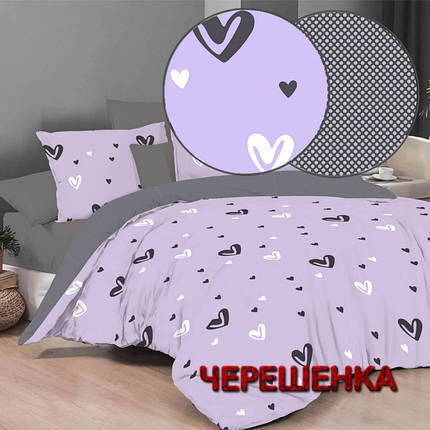 Тканина для постільної білизни Бязь "Gold" Lux GL1907 (A+B) - (50м+50м) серця на бузковому з компанією, фото 1