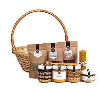 Подарочный набор «Щедрая корзина», оригинальный подарок, упаковка, горшки в меде, свеча, пастила, чай