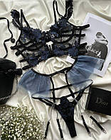 Женское сексуальное белье с цветочной вышивкой комплект 3 в 1 черный + синий бюстгальтер + трусики + пояс