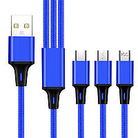 Дата-кабель зарядки 3в1 "XKS-56" micro-USB, Type-C, IOS, 5V/1A, плетеный, длина 1.2м Bl