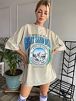 Женская футболка туника бежевая джинс оверсайз 44-54 удлинённая свободная Турция