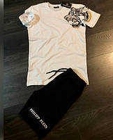 Philipp Plein мужской брендовый летний комплект костюм белая футболка и черные шорты Филипп Плейн