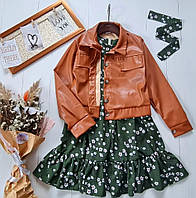 Комплект платье с цветочным принтом с жакетом из экокожи (152 размер) коричнево - зеленый