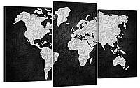 Модульная фотокартина на холсте Карта мира черно белая 53х100 см, тройные картины, картина триптих