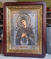 Ікона Божа Матір Семистрільна в темному фігурному кіоті під склом, розмір кіота 53×43, розмір сюжета 30×40