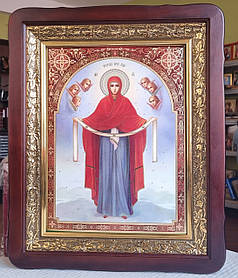 Ікона Пресвята Богородиця Покров  в темному фігурному кіоті під склом,розмір кіота 52×42, розмір сюжета 30×40