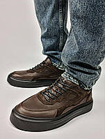 Мужские весенние/летние/осенние коричневые кеды на шнурках.Демисезонные мужские кожаные кроссы