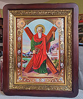 Икона Святой Андрей Первозванный в темном фигурном киоте под стеклом, размер киота 53х43, размер сюжета 30х40.