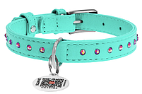 Нашийник шкіряний для собаки прикрашений стразами, ментоловий COLLAR WAUDOG Glamour довжина 18-21см ширина 9мм 326813, фото 2
