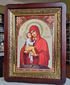 Ікона Пресвята Богородиця Почаївська темному фігурному кіоті під склом,розмір кіота 53×43, розмір сюжета 30×40