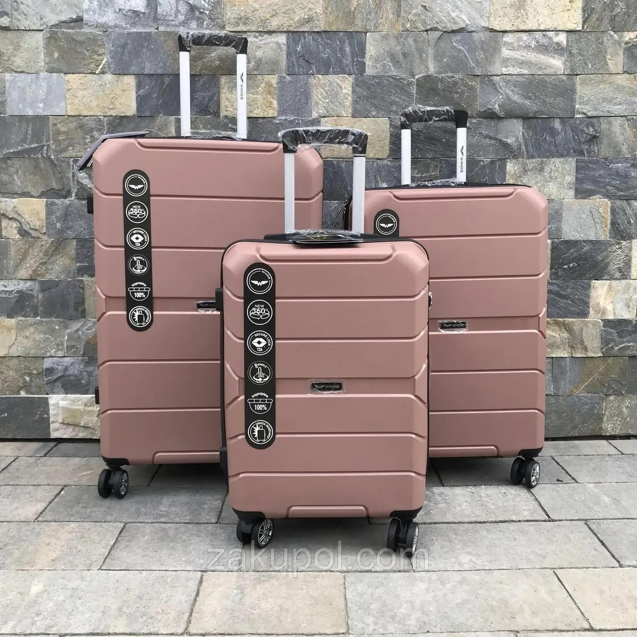 Дорожня валіза Wings PP05 з поліпропілену на 4 колесах, середня рожева, фото 1