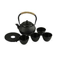 Чугунный чайник для заваривания + 4 чашки с подставкой Black Cast iron 1200 ml