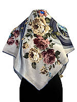 Женский платок 100 на 100 см. Платок на голову бежевый с цветами, модель 1