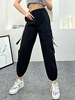 Женские трендовые штаны карго черные пояс резинка широкие накладные карманы по бокам размер 42-50
