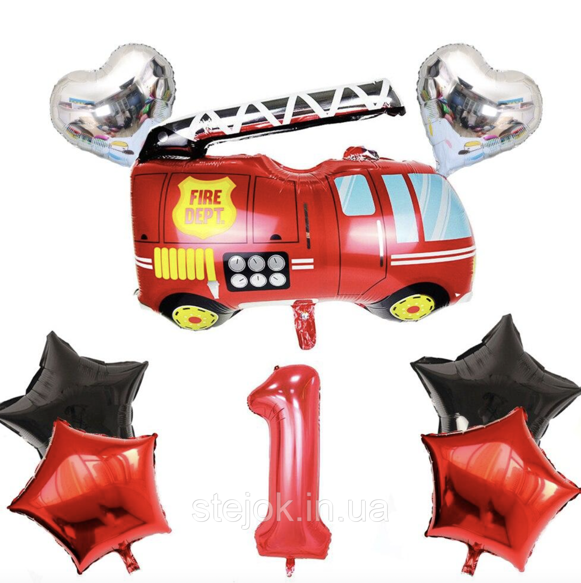 Набір куль для дня народження ПОЖАРНА МАШИНА з цифрою, червоний, фото 1