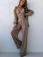 Женский костюм тройка топ брюки рубашка стильный комфортный тренд фасон яркие цвета