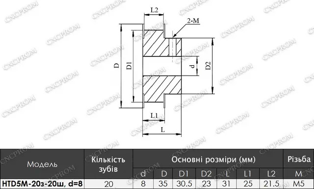 Шків HTD5M-20з-20ш з отвором 8 мм креслення