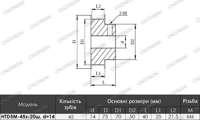 Шків HTD5M-45з-20ш з отвором 14 мм креслення