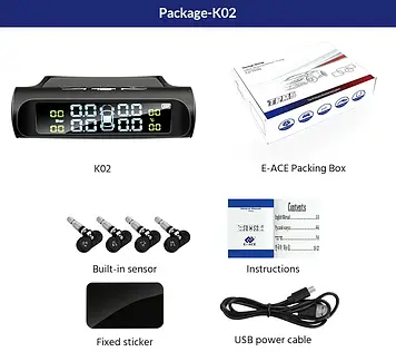 Система контролю тиску в шинах E-ACE TPMS K02 на сонячній батареї + внутрішньоні вбудовані датчики коліс