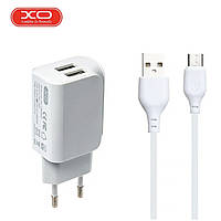 Сетевое зарядное устройство с кабелем USB - MicroUSB XO L35D 2USB/2.1A Белый