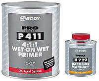 Герметизирующий грунт HB BODY P411 WET-ON-WET 4:1:1, 1 л Серый + Отвердитель BODY H729, 250 мл Комплект