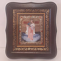 Икона Явление о Войне Пресвятой Богородицы, элик 10х12 см, в темном деревянном киоте со вставками