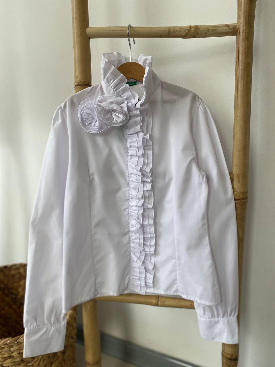 Біла блузка на дівчинку з рюшами та трояндами Alamakota, Белый, Для девочек, Весна Осень, 152 см, фото 1
