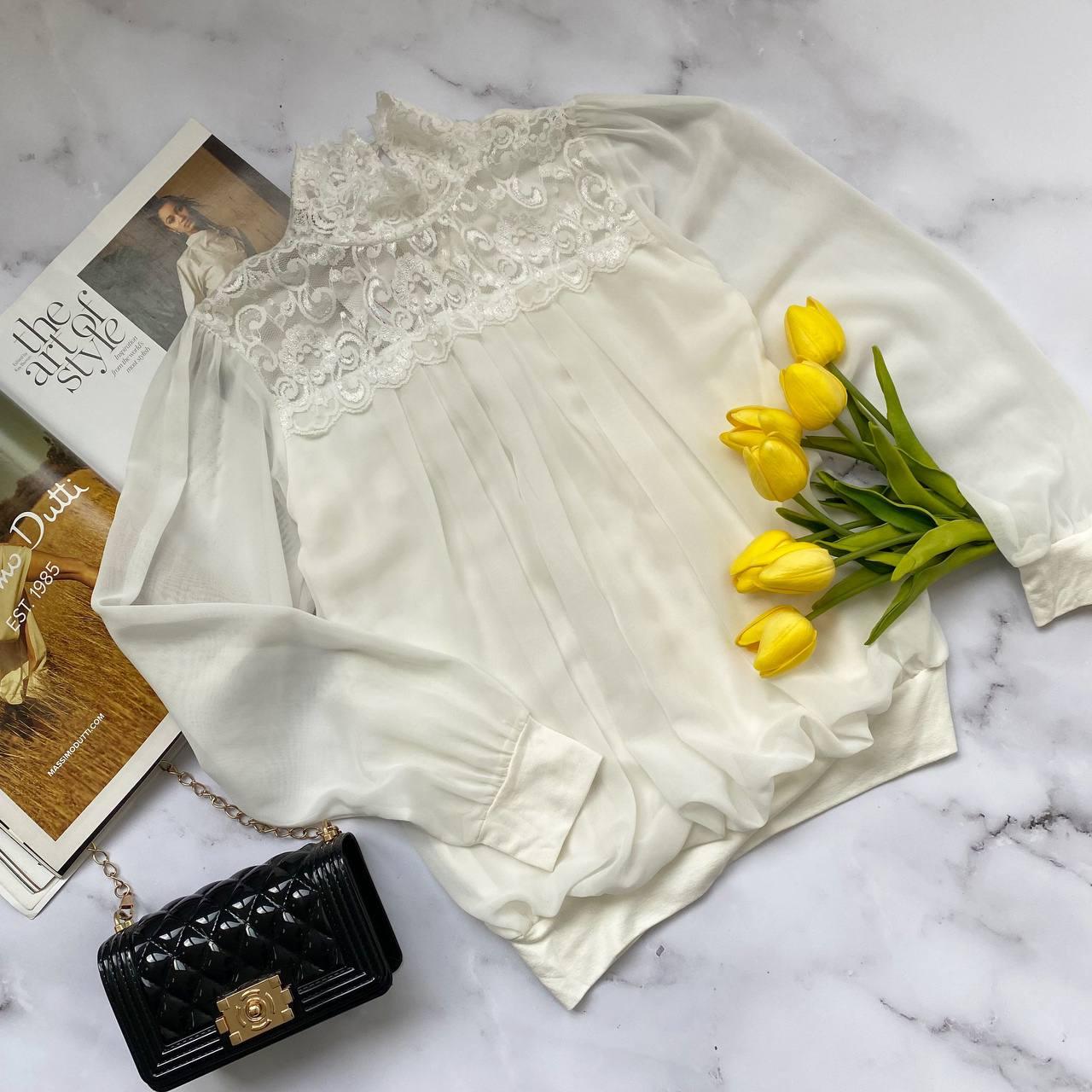 Стильна блузка на дівчинку шифон з ажуром 3625, Mini moda, Молочний, Для дівчаток, Весна Осінь, 140, фото 1