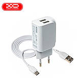 Мережевий зарядний пристрій з кабелем USB - Type-C XO L35D та двома USB портами 2.1A Білий, фото 2