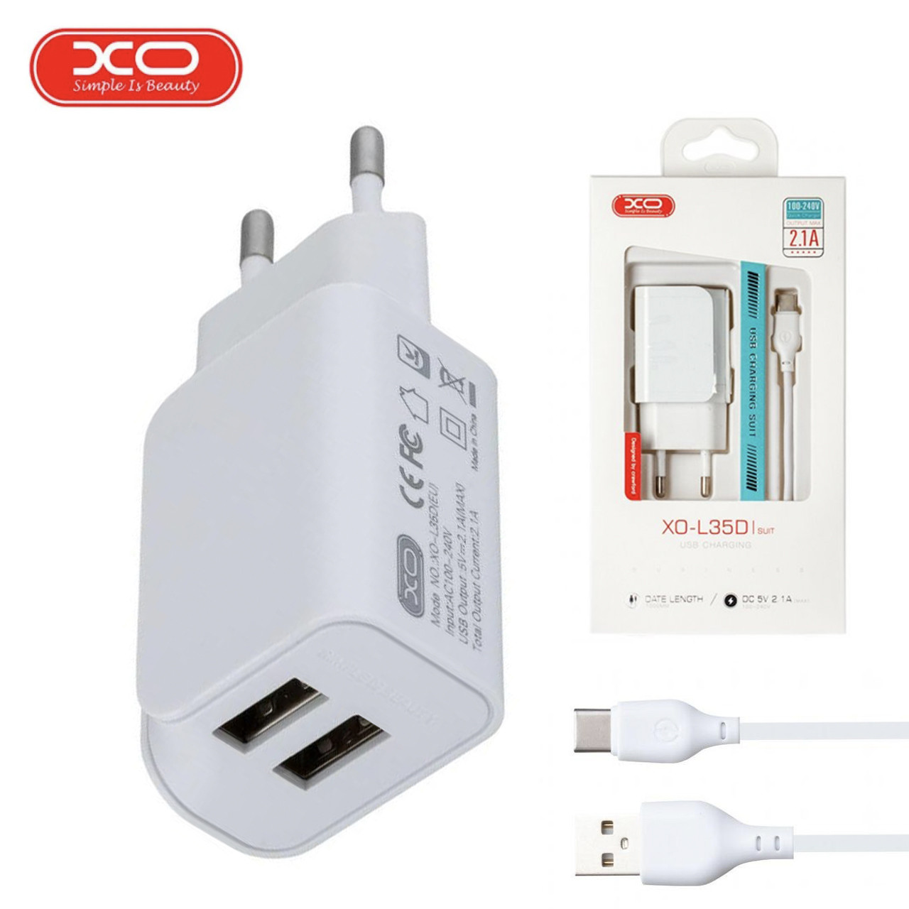 Мережевий зарядний пристрій з кабелем USB - Type-C XO L35D та двома USB портами 2.1A Білий