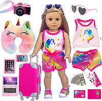 XFEYUE 23 шт. 18-дюймовий ляльковий одяг та аксесуари - валіза, подушка, сонцезахисні окуляри, фотоапарат