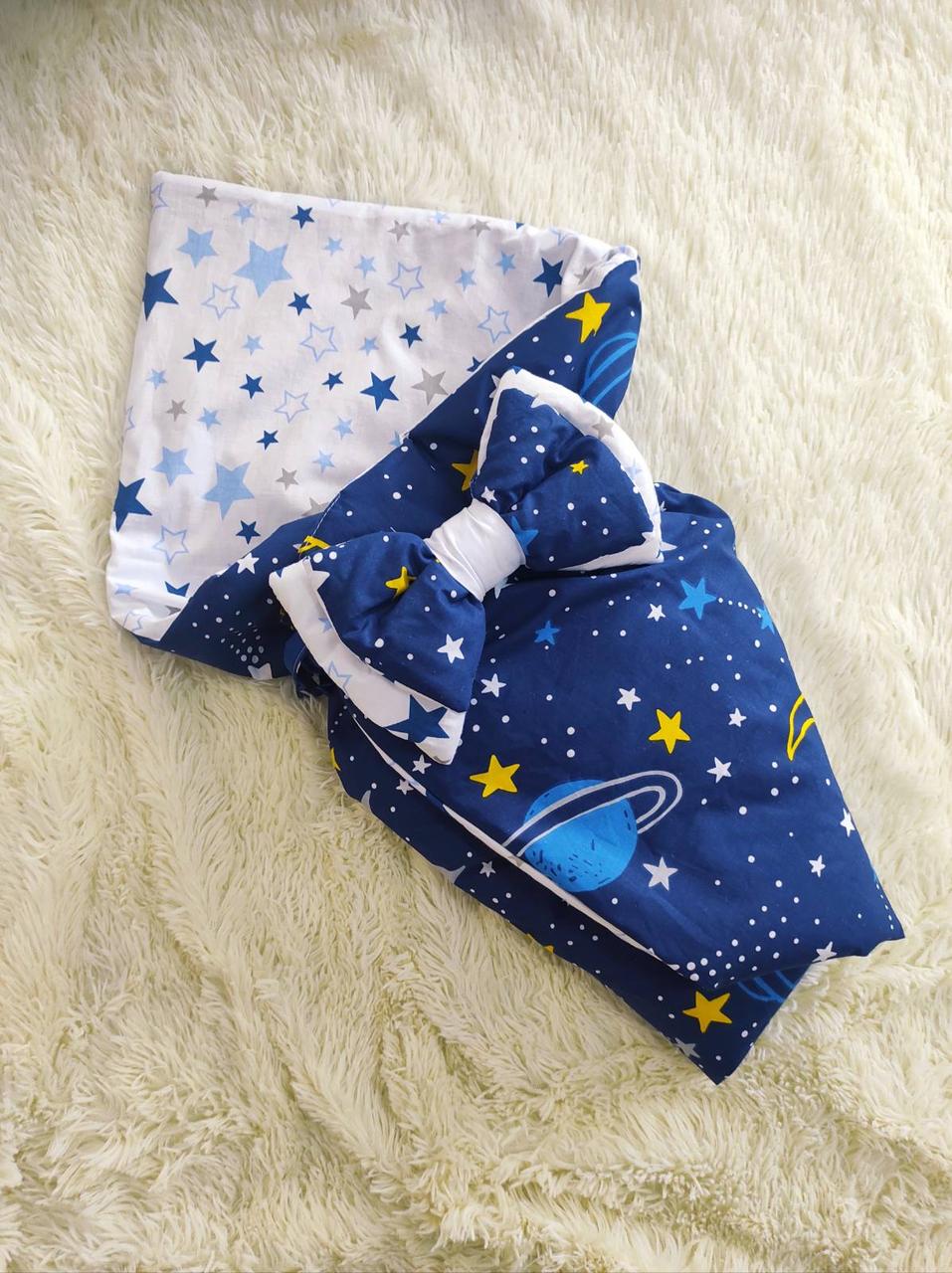 Літній бавовняний конверт з принтом Космос, синій, фото 1