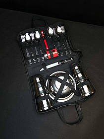 Гарний набір посуду для пікніка подарунковий на 8 персон із неіржавкої сталі, подарунок для рибалки військового