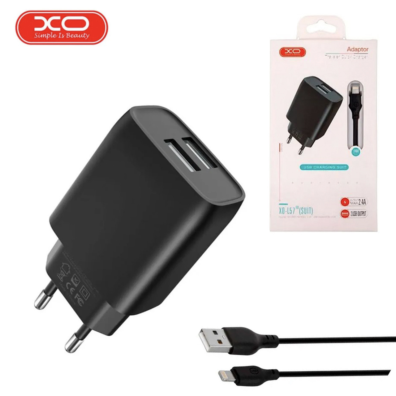 Мережевий зарядний пристрій XO L57 з двома портами USB/2.4A і кабелем USB - Lightning Чорний