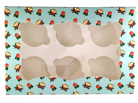 Коробки для 6-ти кексів 250*170*80 (з віконцем) Новорічна (Упаковка 3 шт), фото 1