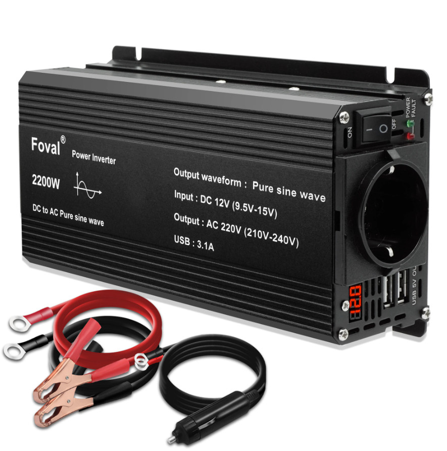 Інвертор 12V-220 FOVAL 2200W, перетворювач напруги, чиста сінусоїда, 2200Вт