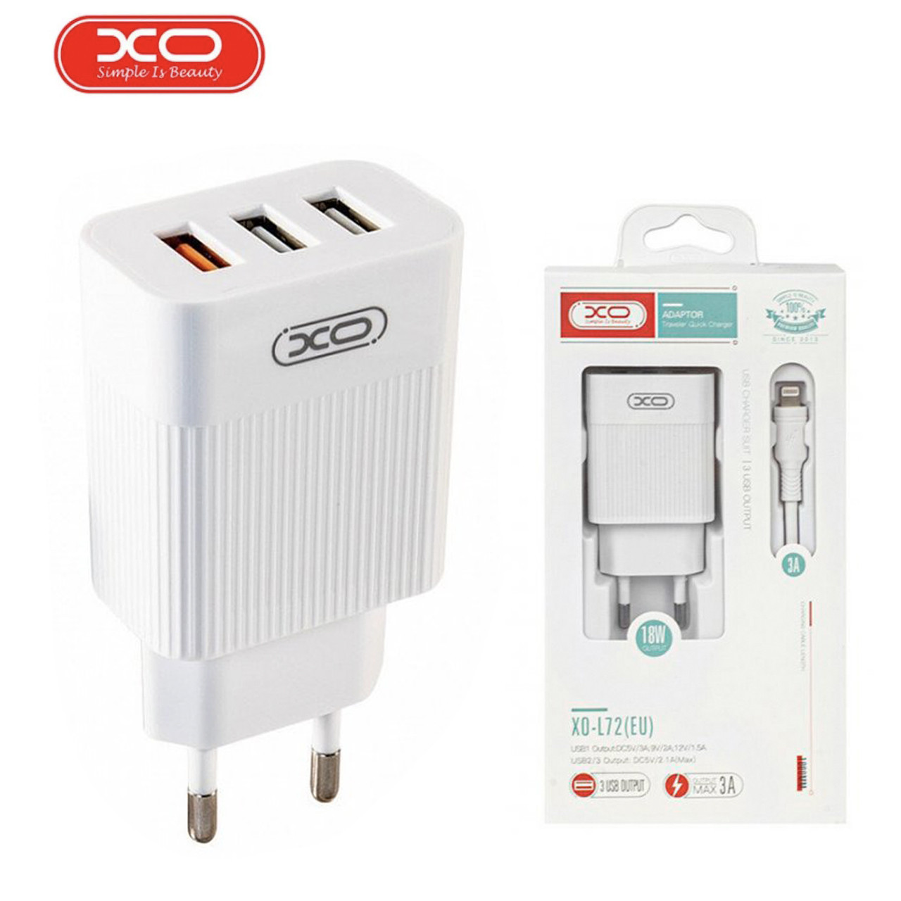 Мережевий зарядний пристрій XO L72 QC3.0 3USB/3A з кабелем USB - Lightning Білий