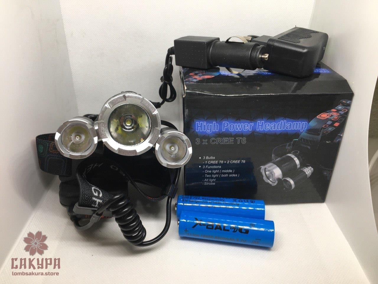 Ліхтарик налобний High Power HeadLamp 3xCree T6 з 3 діодами на акумуляторах + зарядка на 12В на micro USB
